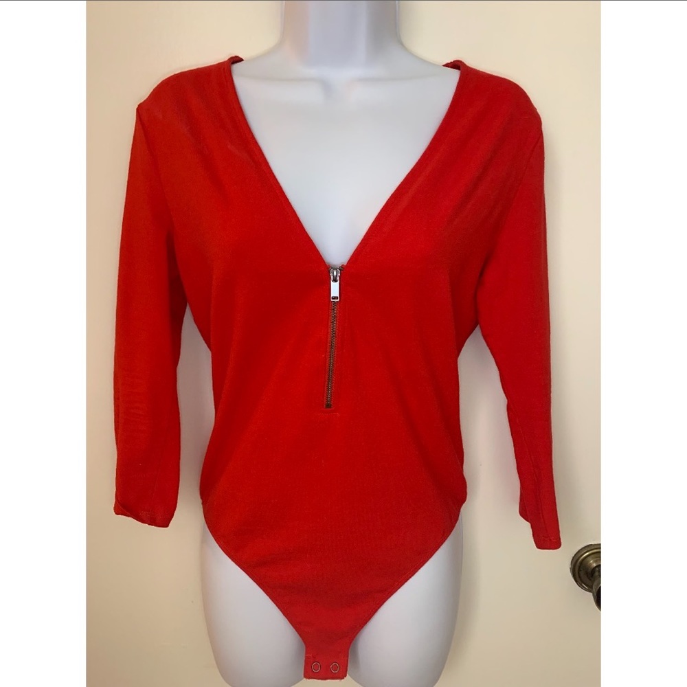 Express One Eleven Red Zip Front 3/4 Sleeve Bodysuit (medium)